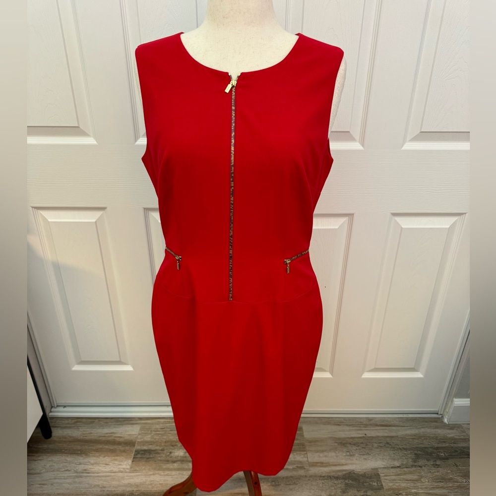 Calvin Klein Red Sleeveless Sheath Dress with Front Zip